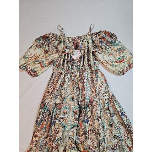 Umgee off the Shoulder 3/4 sleeve tiered vibrant print midi dress size M New - Picture 9 of 16